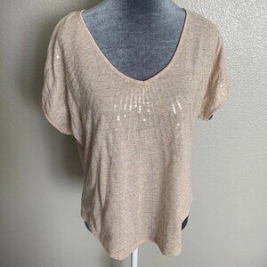 Forever21 Womens Small Beige Short Sleeve Sequin Flowy Relaxed Fit Vneck Top